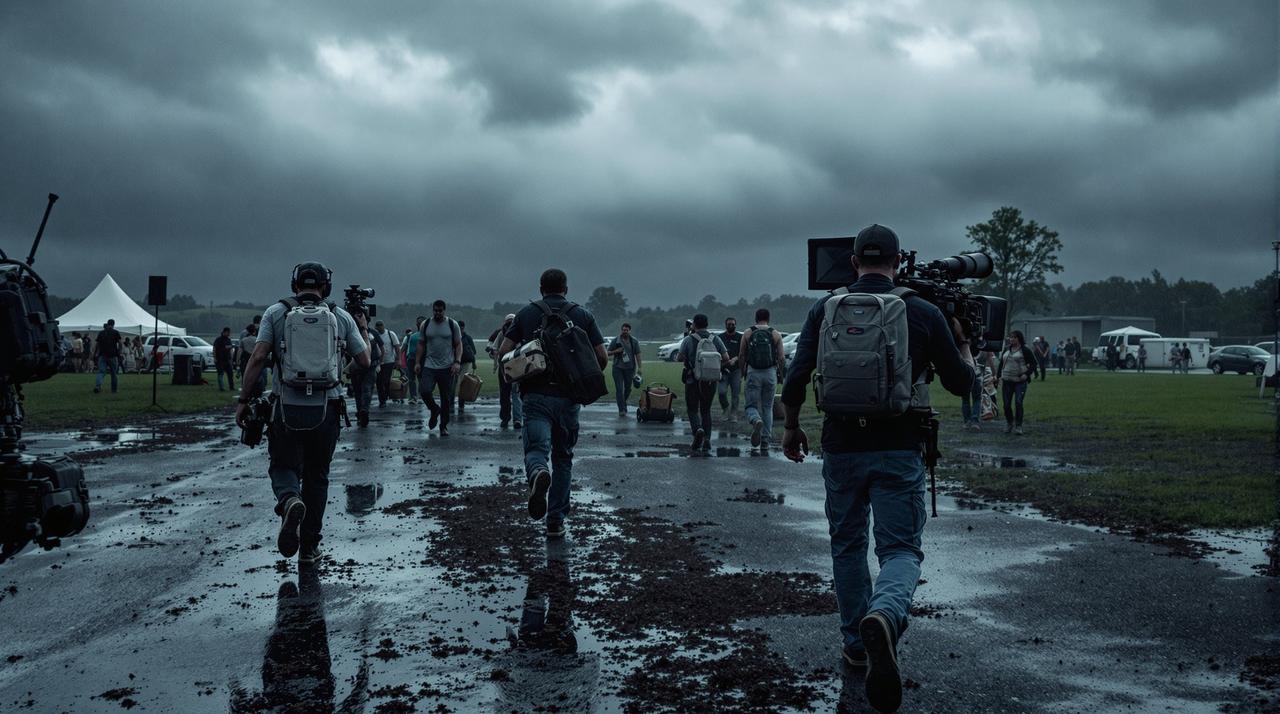 某剧组拍摄地遭遇暴雨，全员紧急撤离